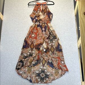 Sweet Storm Asymmetrical High-Low Halter Dress in Brown and Orange